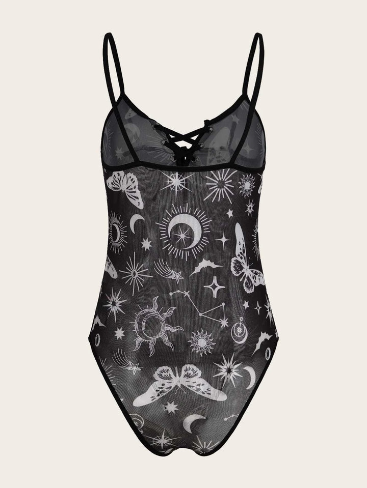 Sun And Moon Graphic Mesh Cami Bodysuit