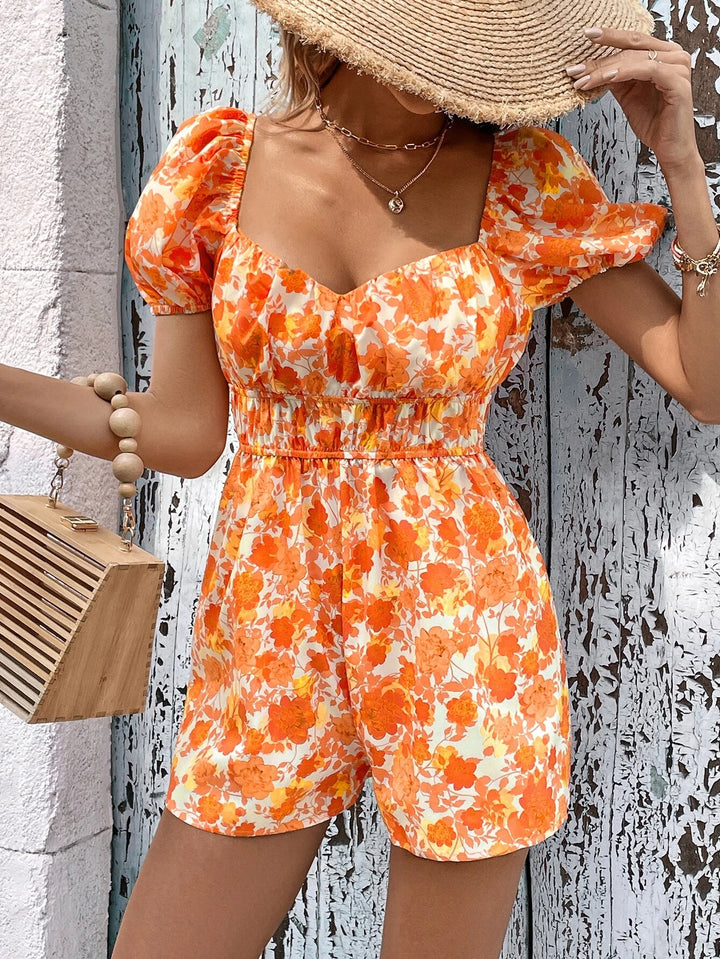 Floral Print Puff Sleeve Romper