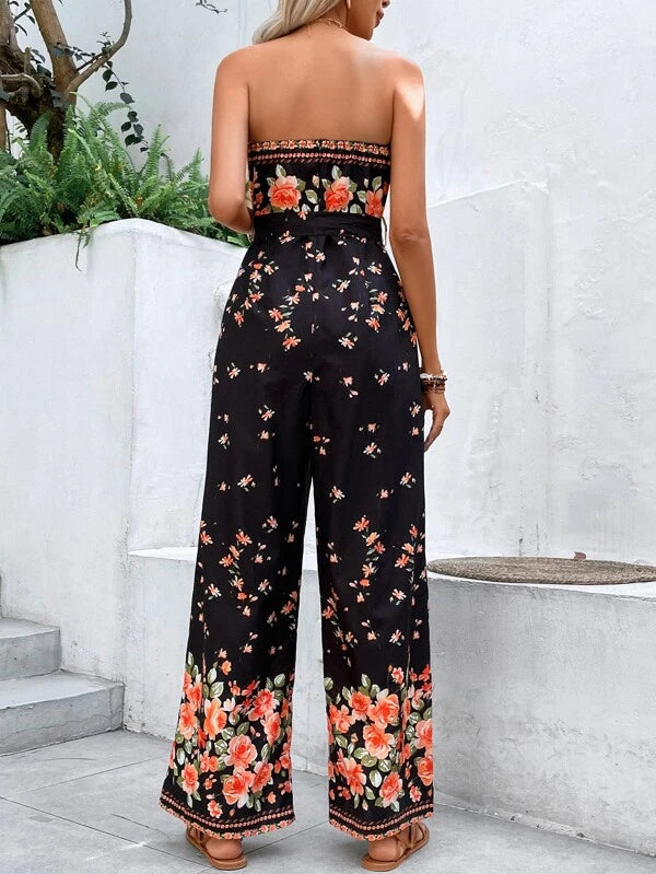 Floral Print Boho Belted Tube Jumpsuit