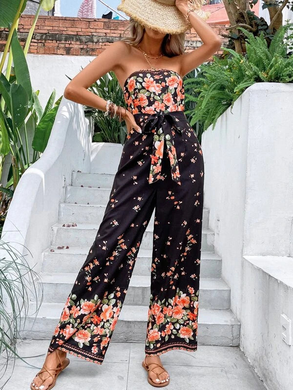 Floral Print Boho Belted Tube Jumpsuit