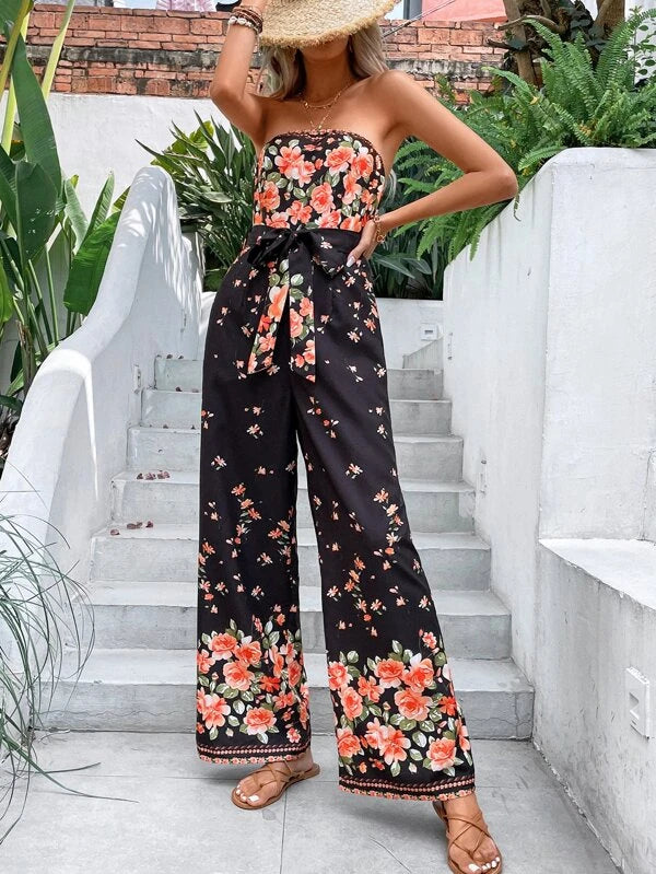 Floral Print Boho Belted Tube Jumpsuit