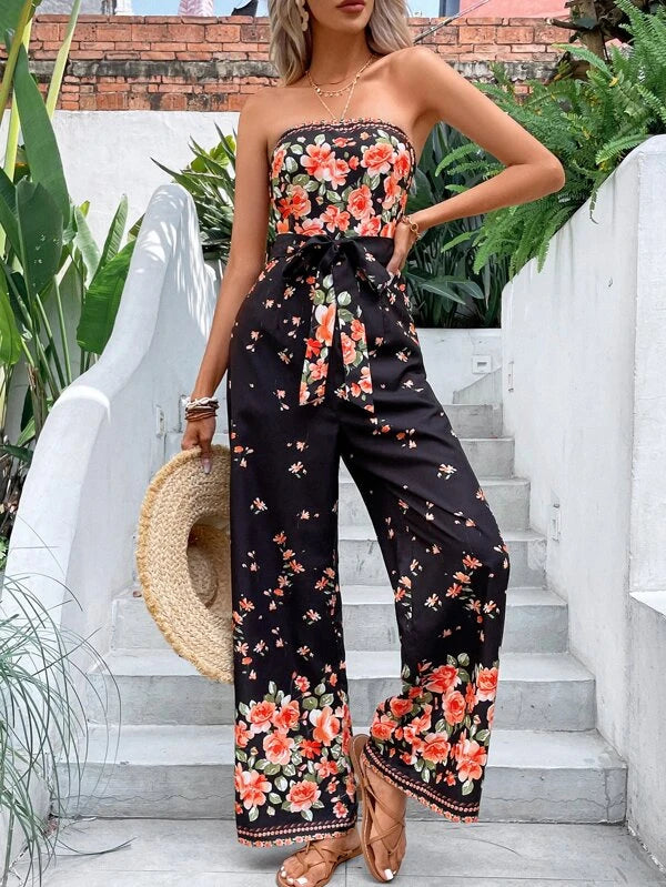 Floral Print Boho Belted Tube Jumpsuit