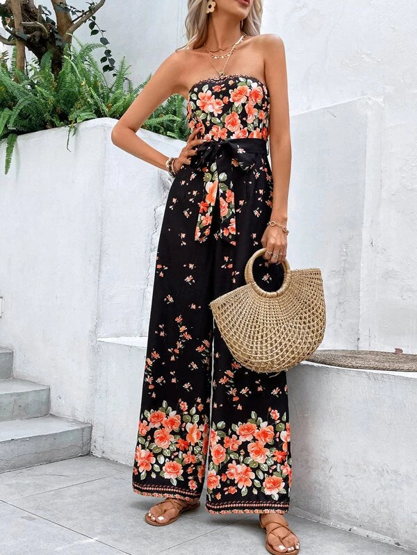 Floral Print Boho Belted Tube Jumpsuit