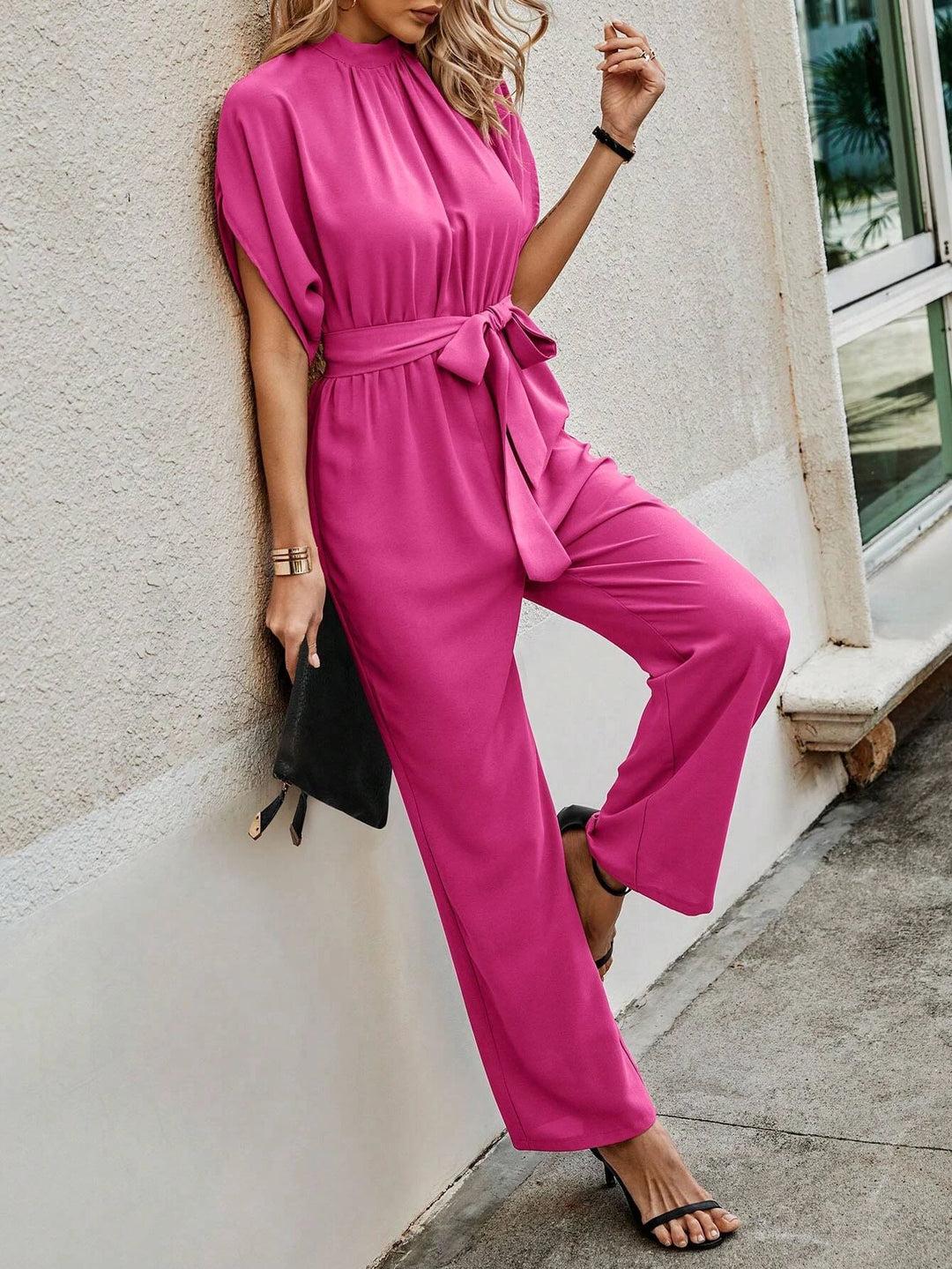 Neck Batwing Sleeve Belted Jumpsuit