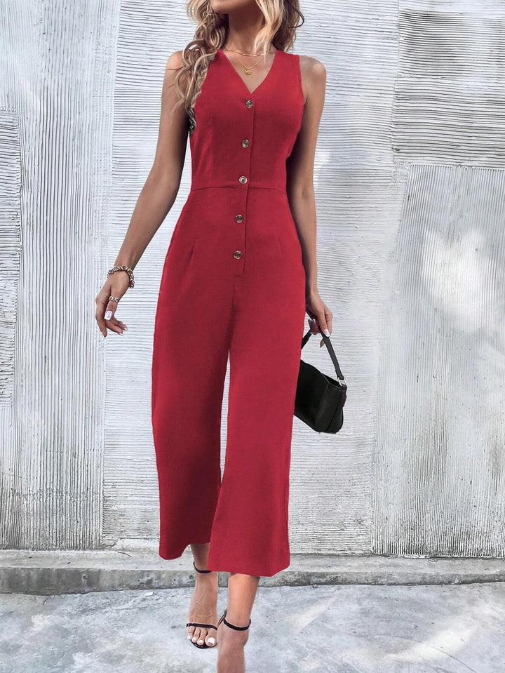 Button Front Sleeveless Jumpsuit