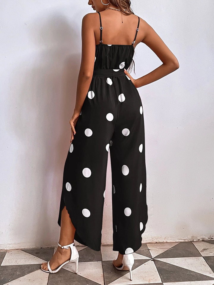 Polka Dot Print Wrap Hem Belted Cami Jumpsuit