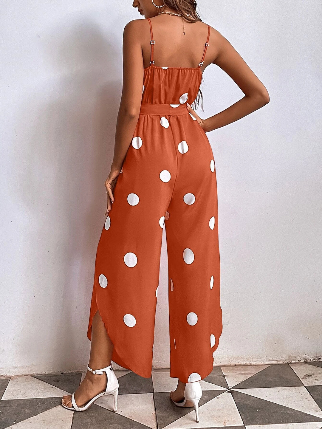 Polka Dot Print Wrap Hem Belted Cami Jumpsuit