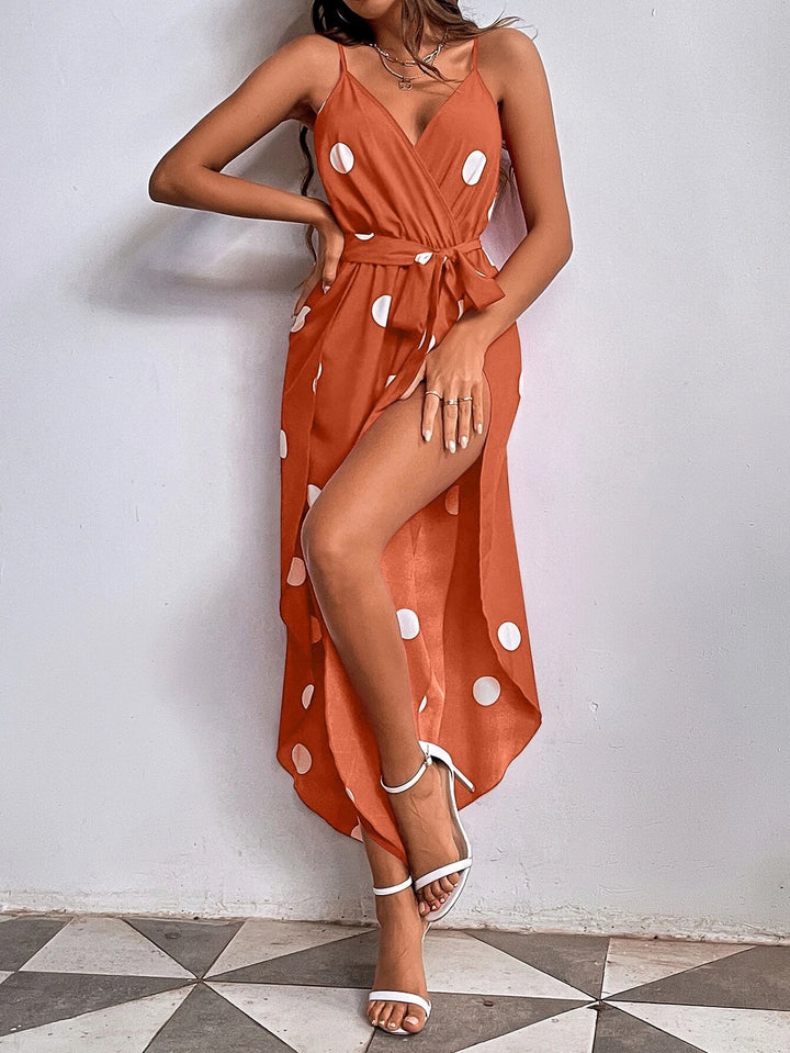 Polka Dot Print Wrap Hem Belted Cami Jumpsuit