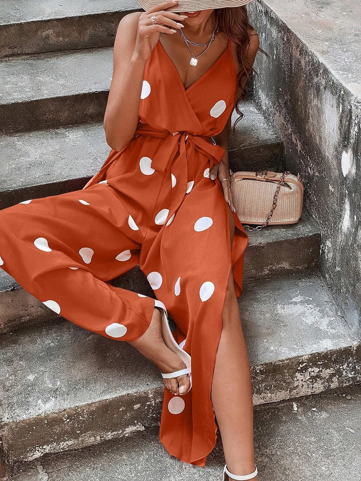 Polka Dot Print Wrap Hem Belted Cami Jumpsuit