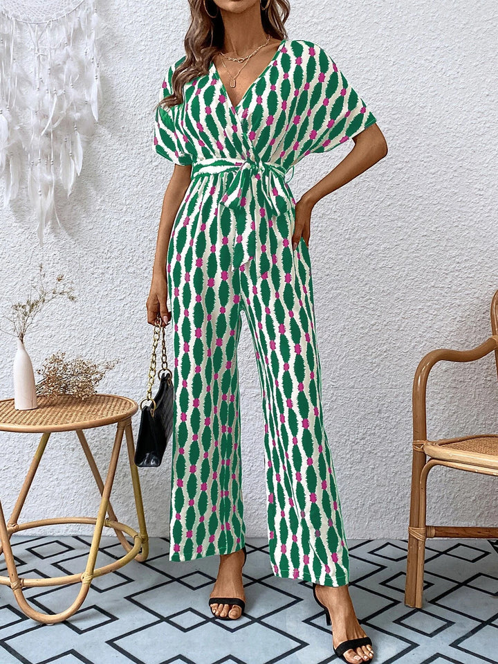 Allover Print Batwing Sleeve Belted Jumpsuit
