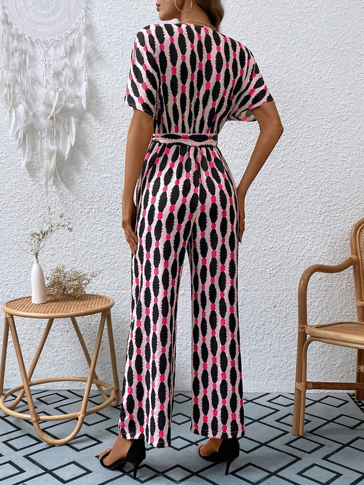Allover Print Batwing Sleeve Belted Jumpsuit