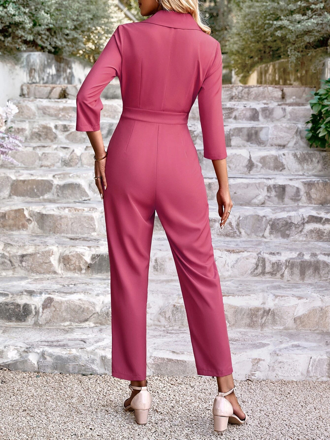 Lapel Neck Single Button Fold Pleated Jumpsuit