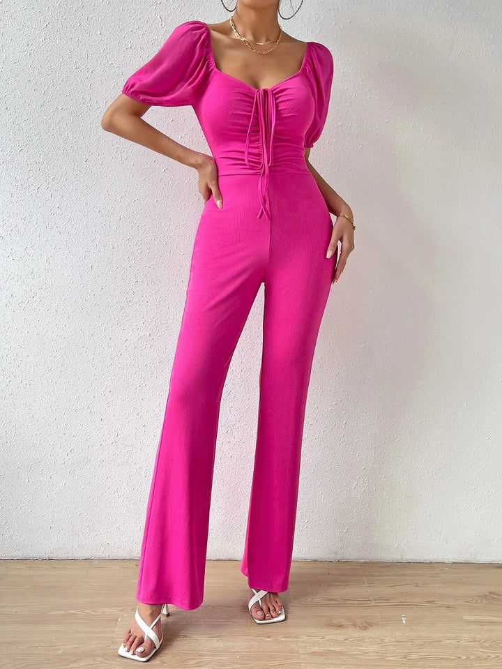 Puff Sleeve Front Flare Leg Jumpsuit
