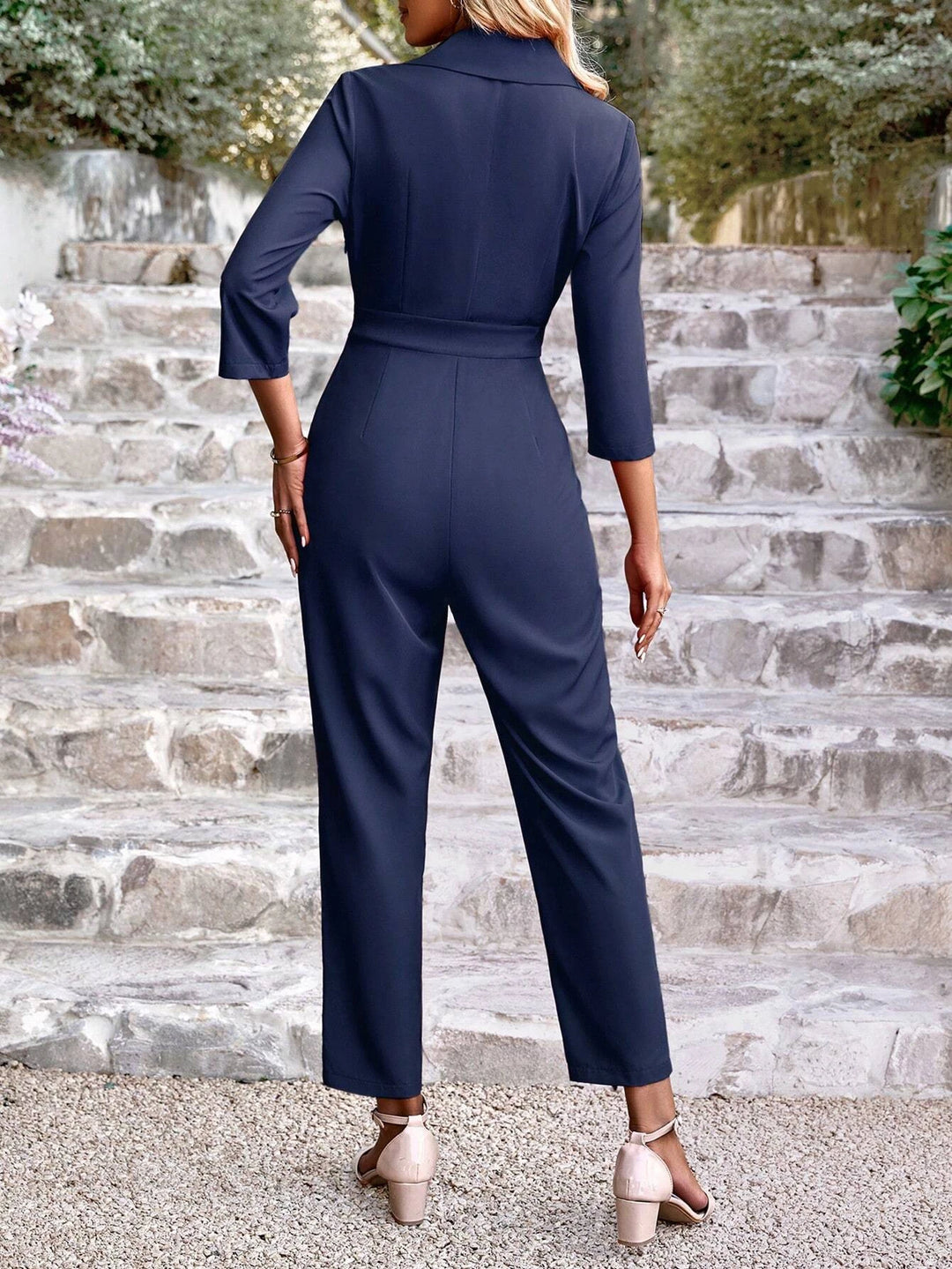 Lapel Neck Single Button Fold Pleated Jumpsuit