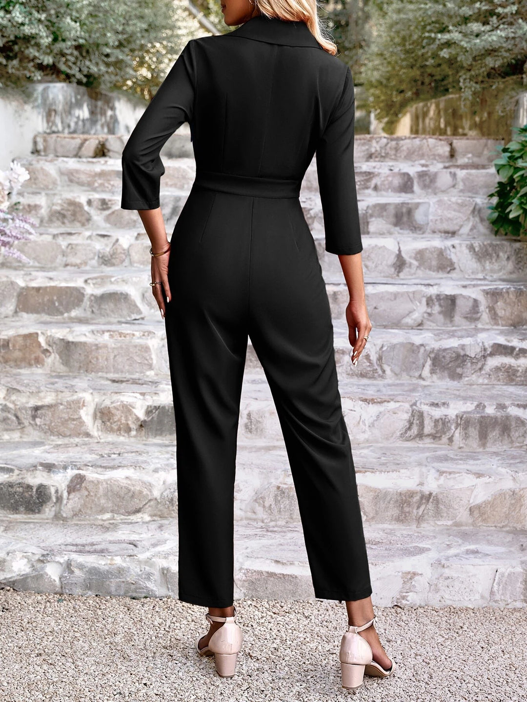 Lapel Neck Single Button Fold Pleated Jumpsuit