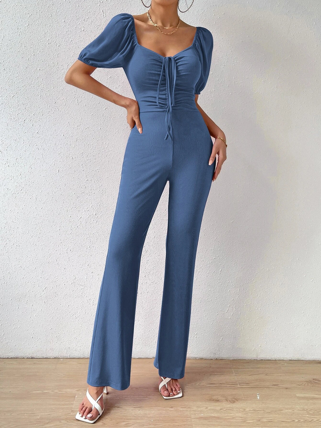 Puff Sleeve Front Flare Leg Jumpsuit