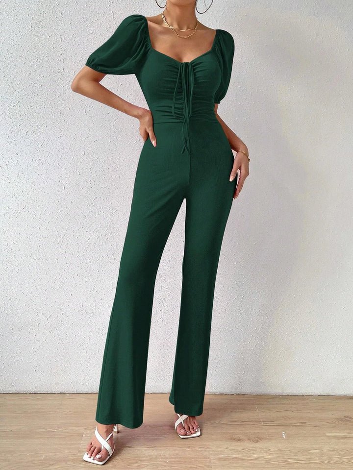 Puff Sleeve Front Flare Leg Jumpsuit