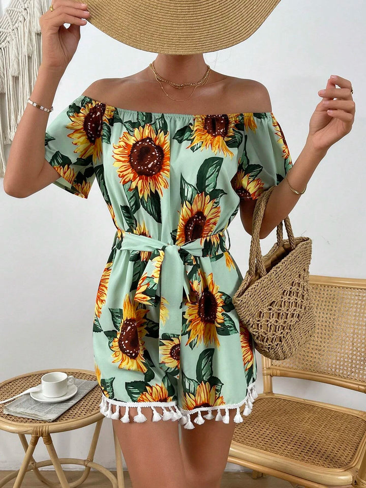 Sunflower Print Off Shoulder Belted Romper