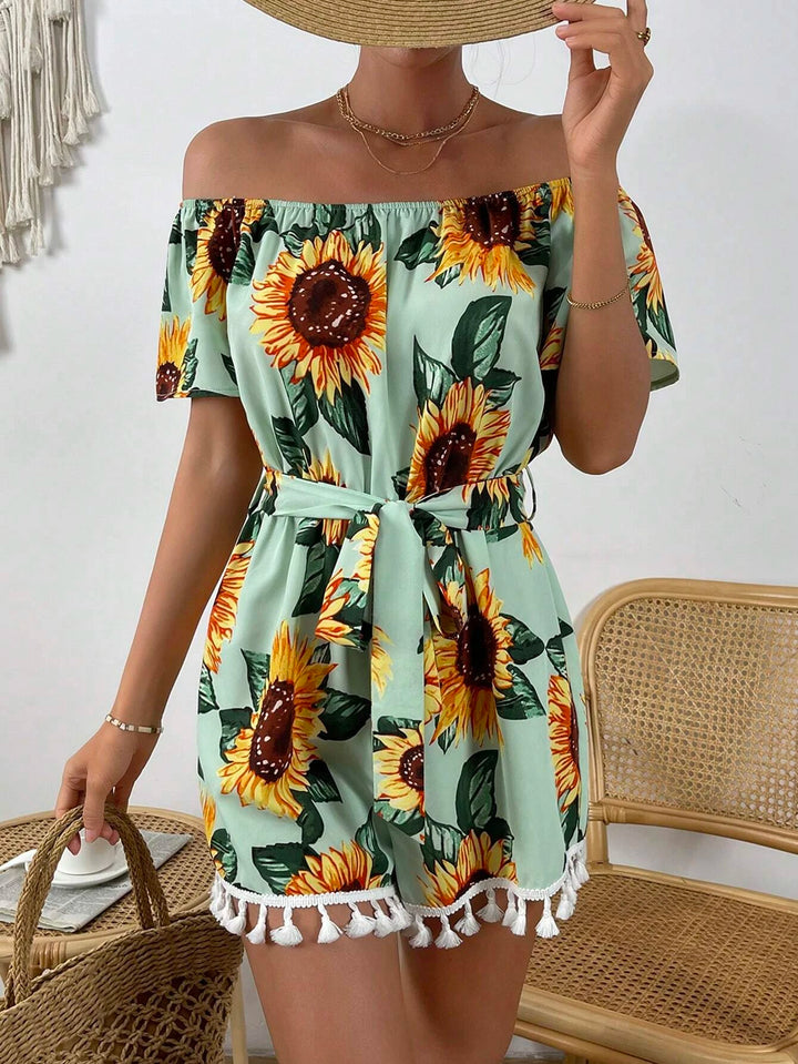 Sunflower Print Off Shoulder Belted Romper