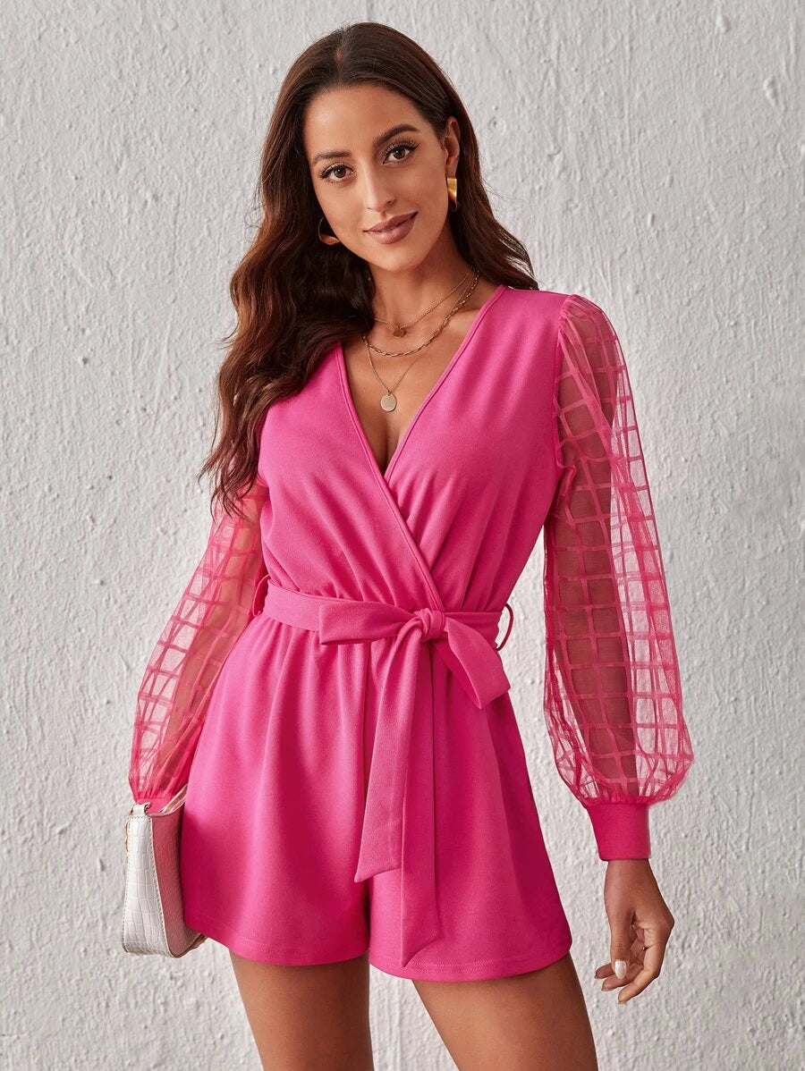 Plaid Mesh Lantern Sleeve Overlap Collar Belted Romper