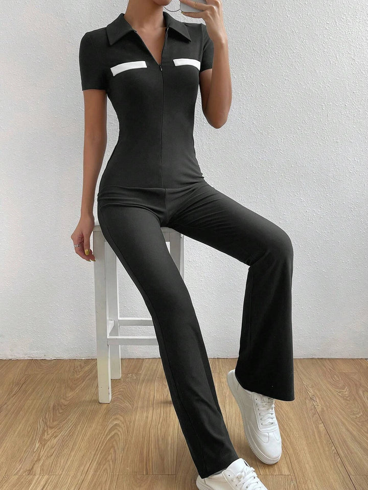 Bikercore Colorblock Zip Front Jumpsuit