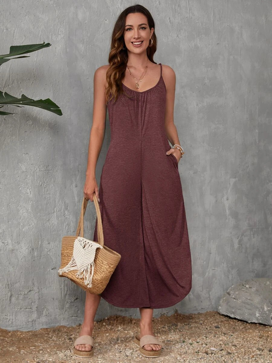Solid Colored Pocket Cami Jumpsuit