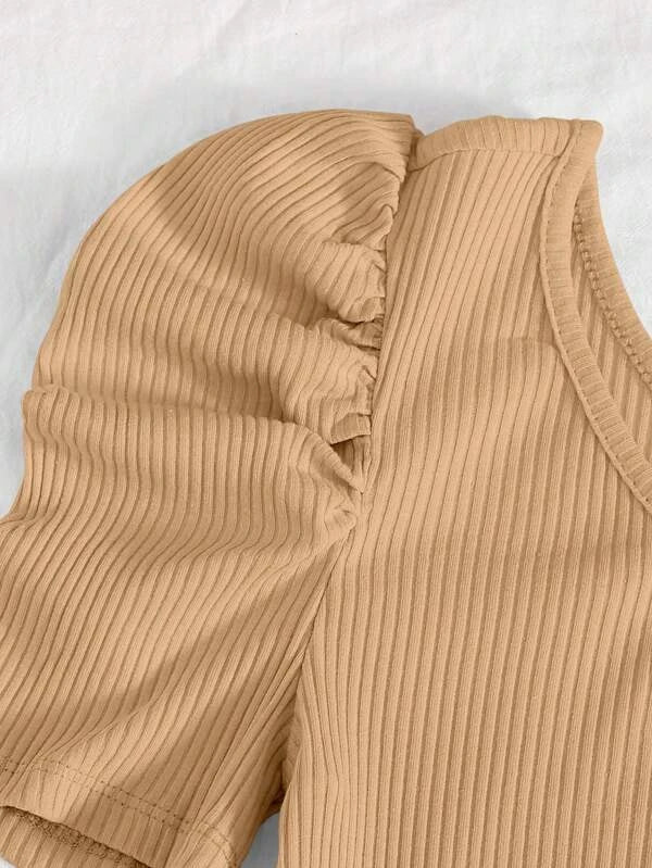 Ribbed Knit One Shoulder Puff Sleeve Plain Bodysuit