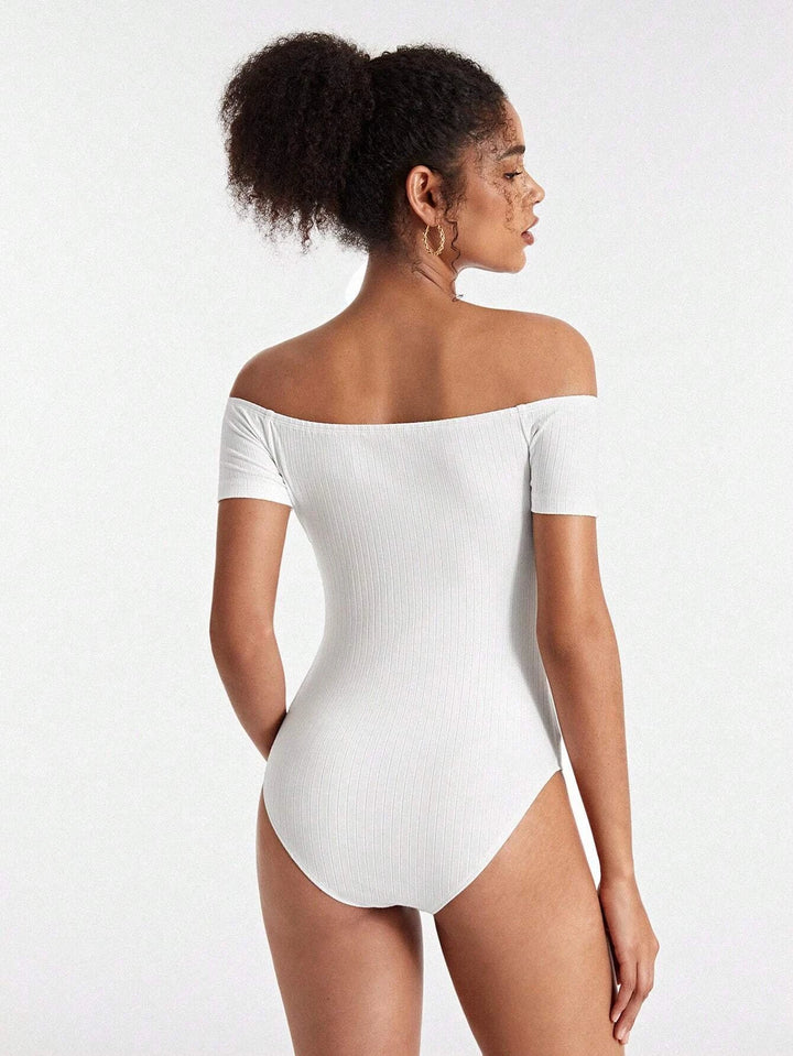 Cotton Off Shoulder Rib-knit Bodysuit