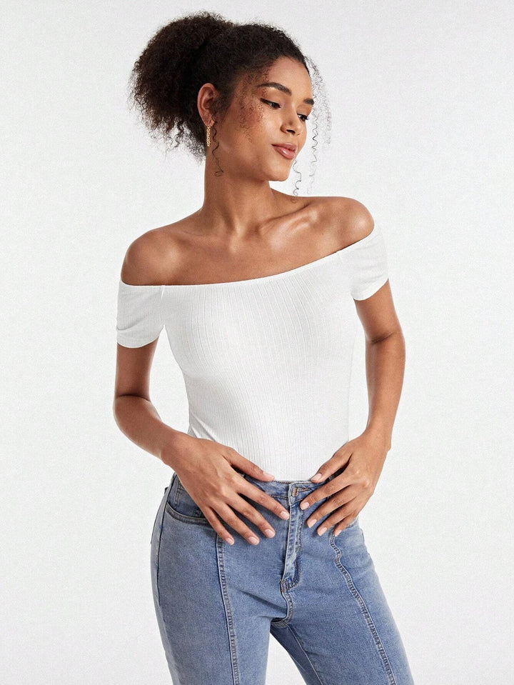 Cotton Off Shoulder Rib-knit Bodysuit