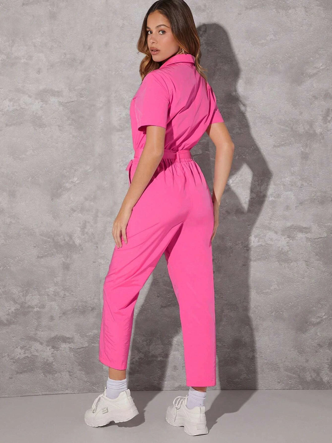 Zip Front Belted Jumpsuits
