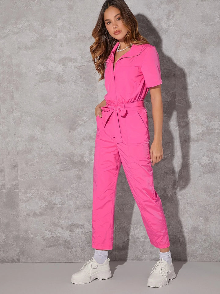 Zip Front Belted Jumpsuits