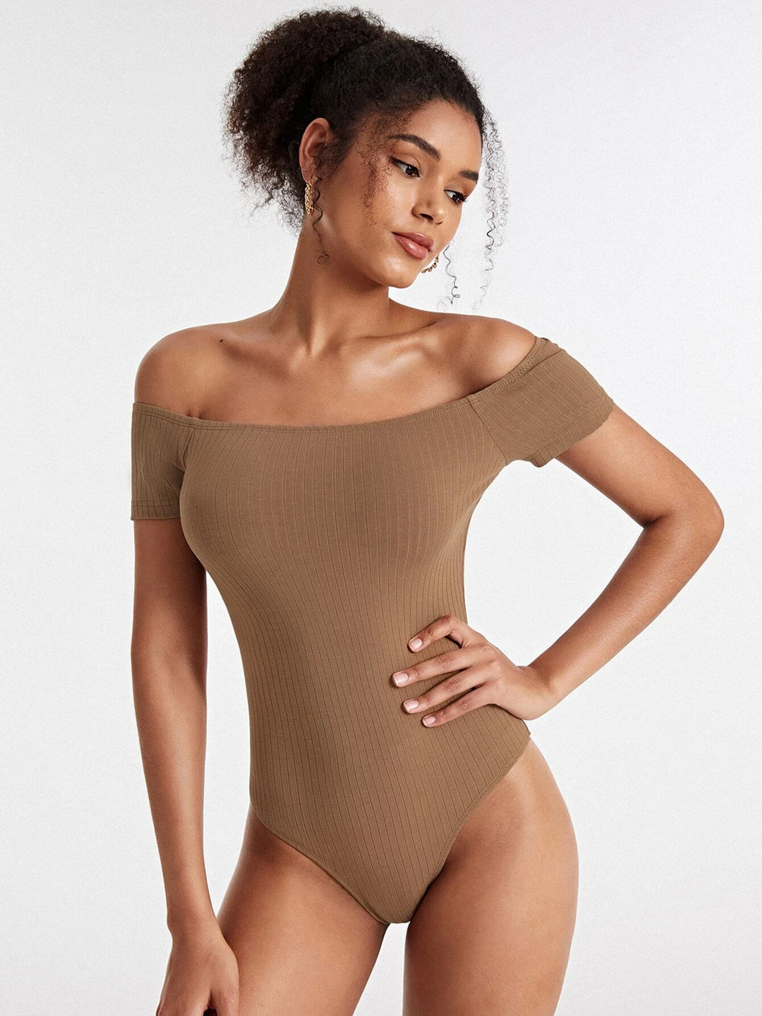 Cotton Off Shoulder Rib-knit Bodysuit