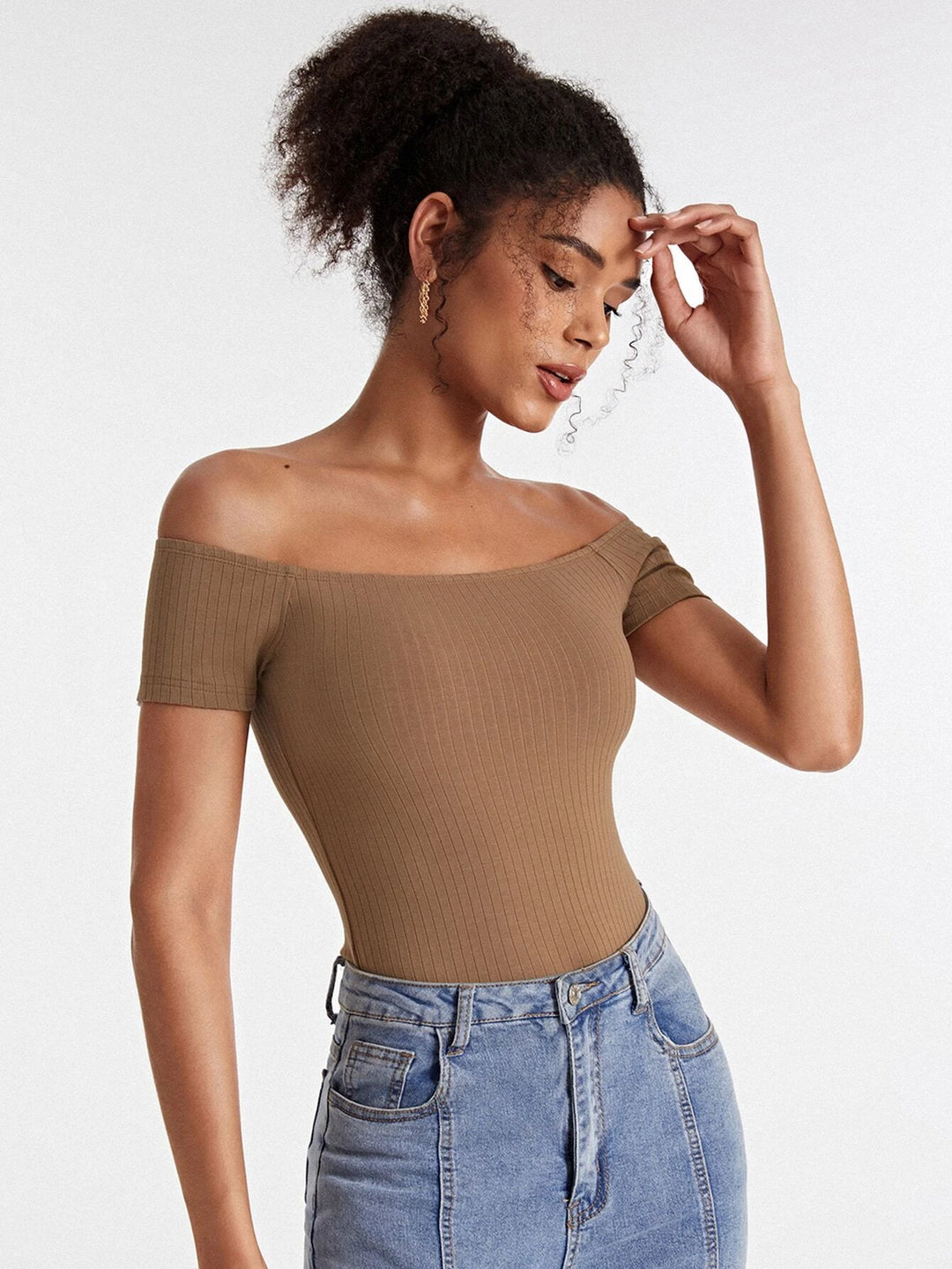 Cotton Off Shoulder Rib-knit Bodysuit