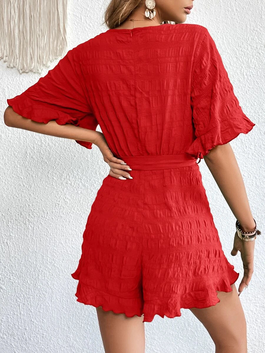 Solid Ruffle Belted Romper