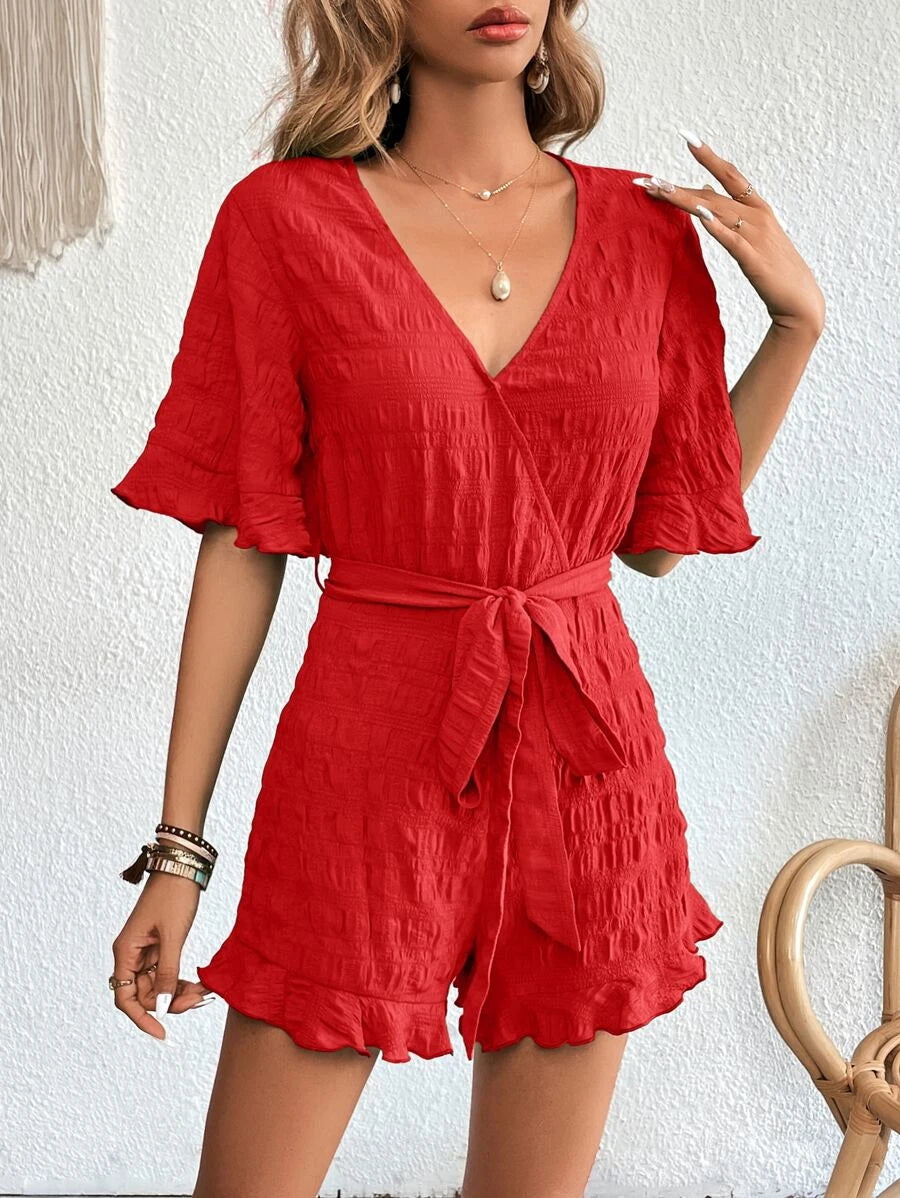Solid Ruffle Belted Romper