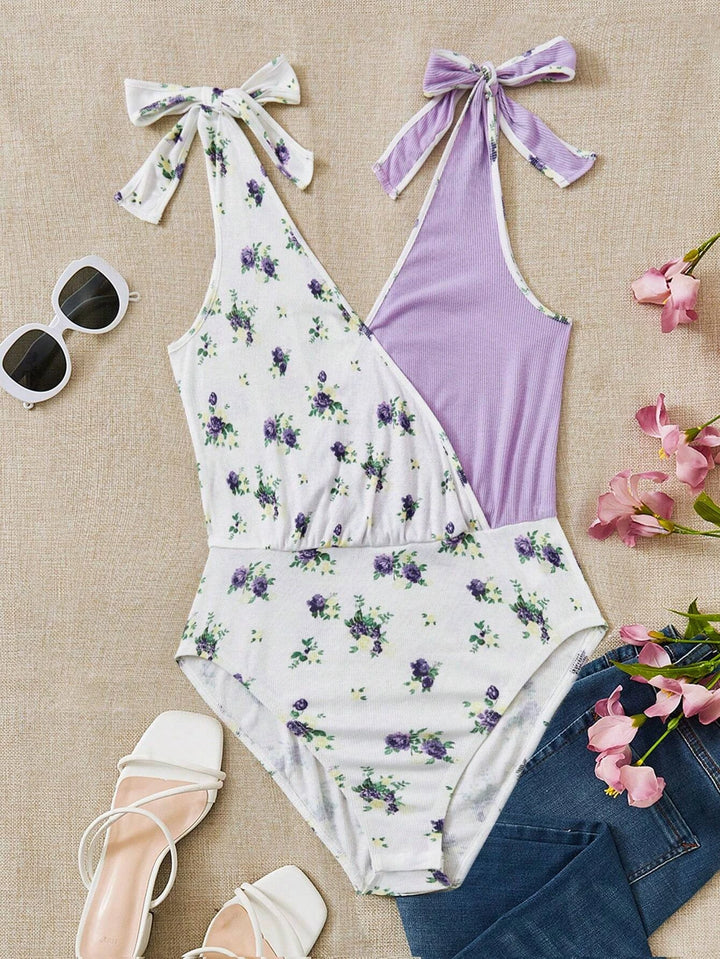 Floral Print Knot Shoulder Two Tone Bodysuit