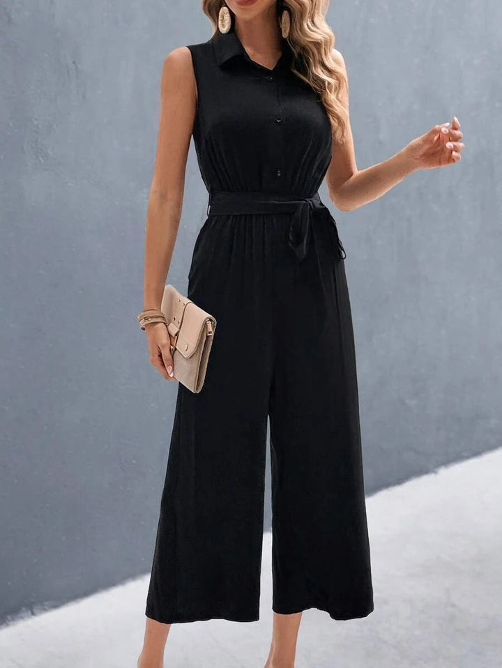 Solid Sleeveless Belted Shirt Jumpsuit