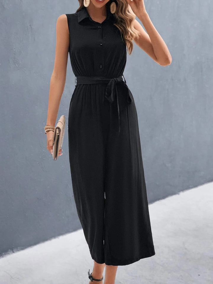 Solid Sleeveless Belted Shirt Jumpsuit