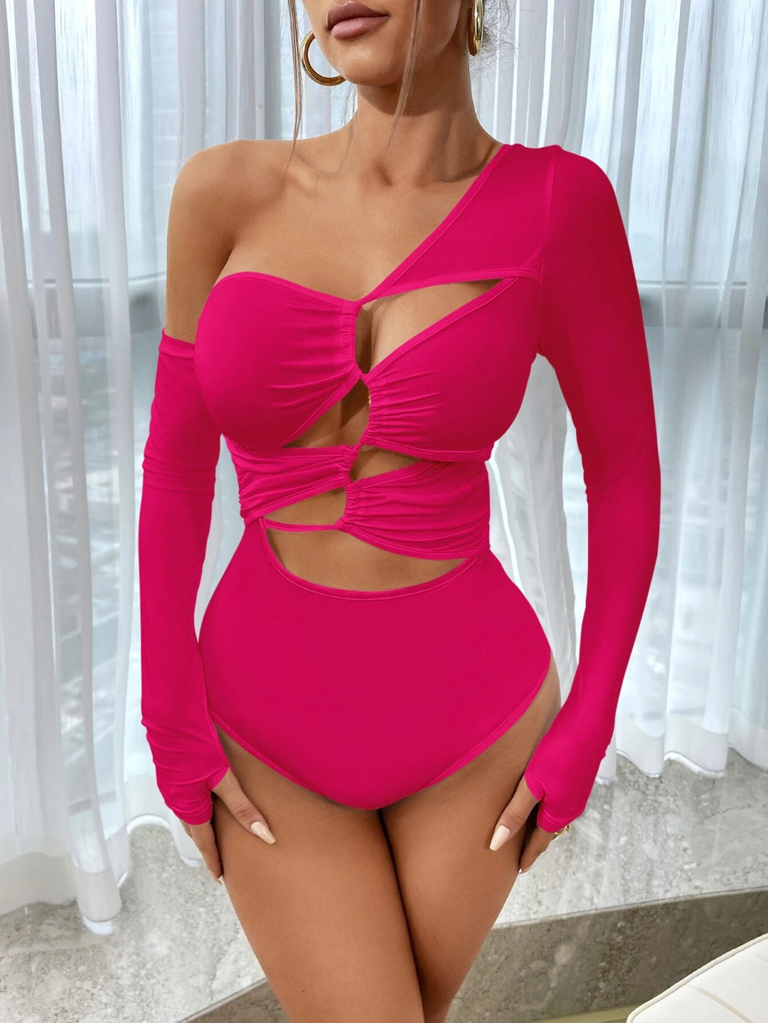 Asymmetrical Neck Long Sleeves Bodysuit