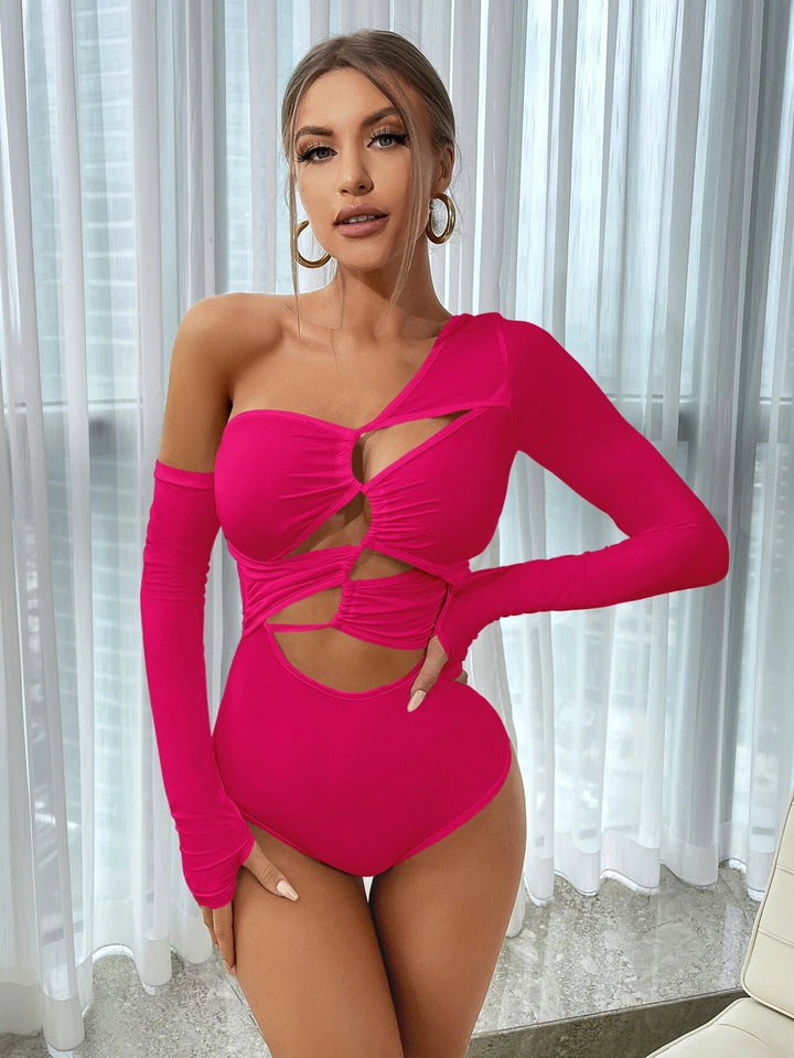 Asymmetrical Neck Long Sleeves Bodysuit