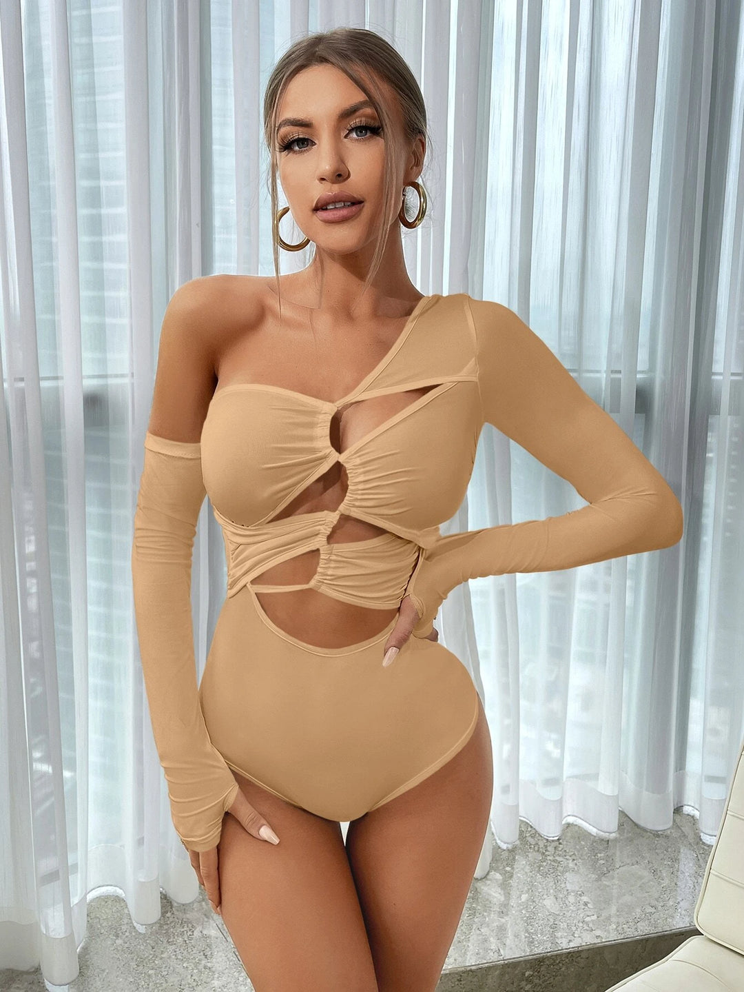 Asymmetrical Neck Long Sleeves Bodysuit