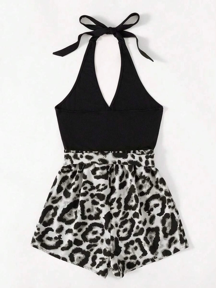 Leopard Tie Backless Halter Romper