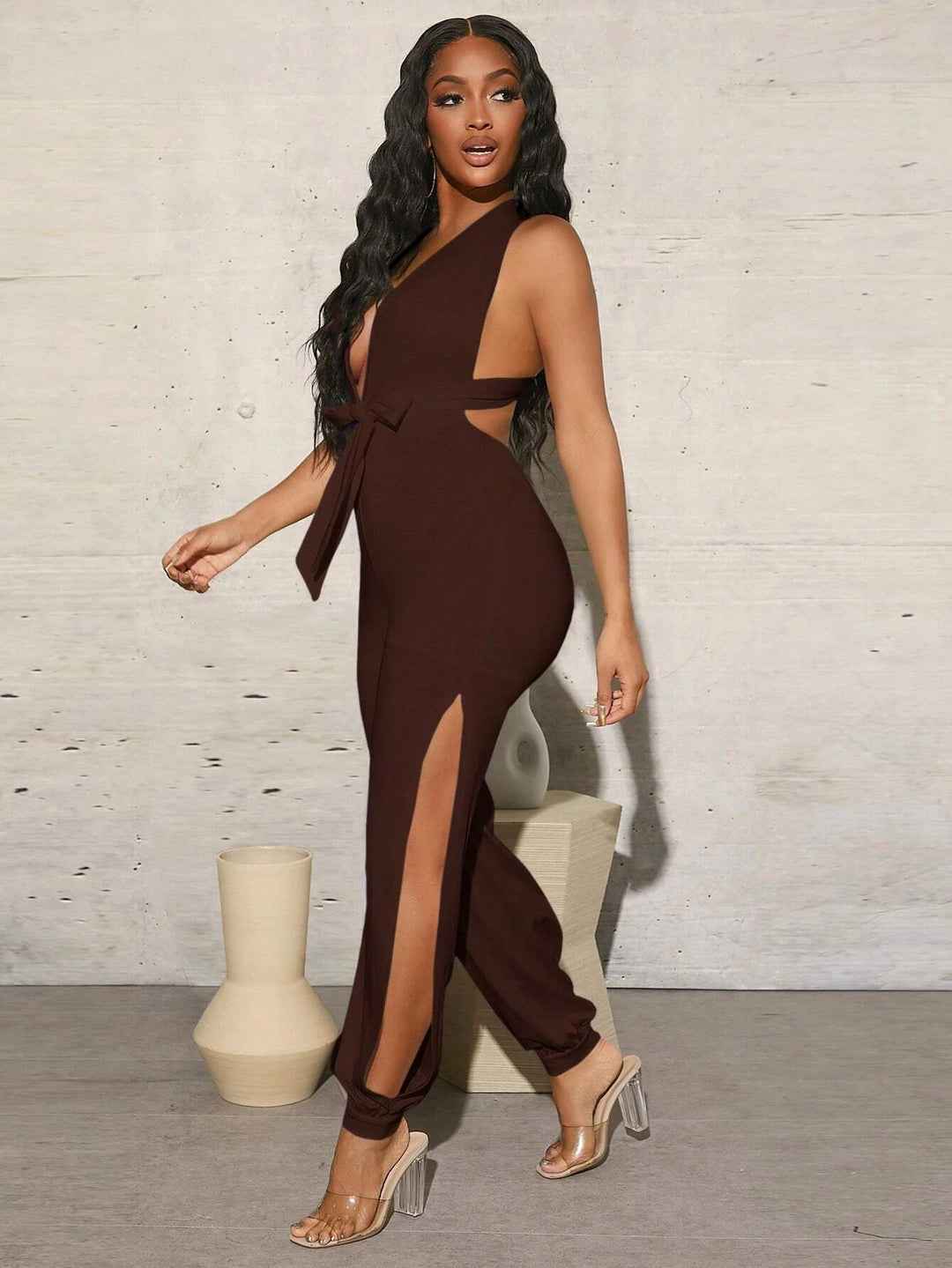 Plunging Neck Criss Cross Backless Split Belted Jumpsuit