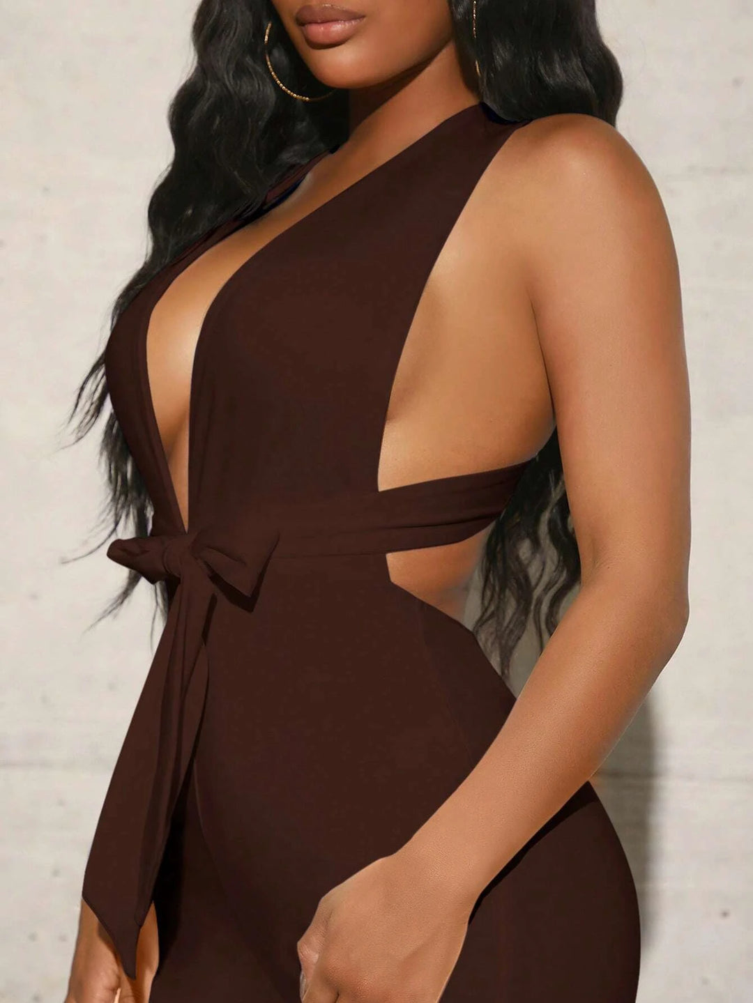 Plunging Neck Criss Cross Backless Split Belted Jumpsuit