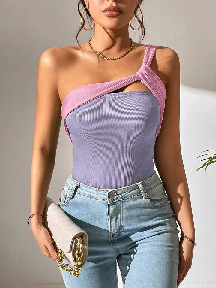 Two Tone One Shoulder Cut Out Bodysuit