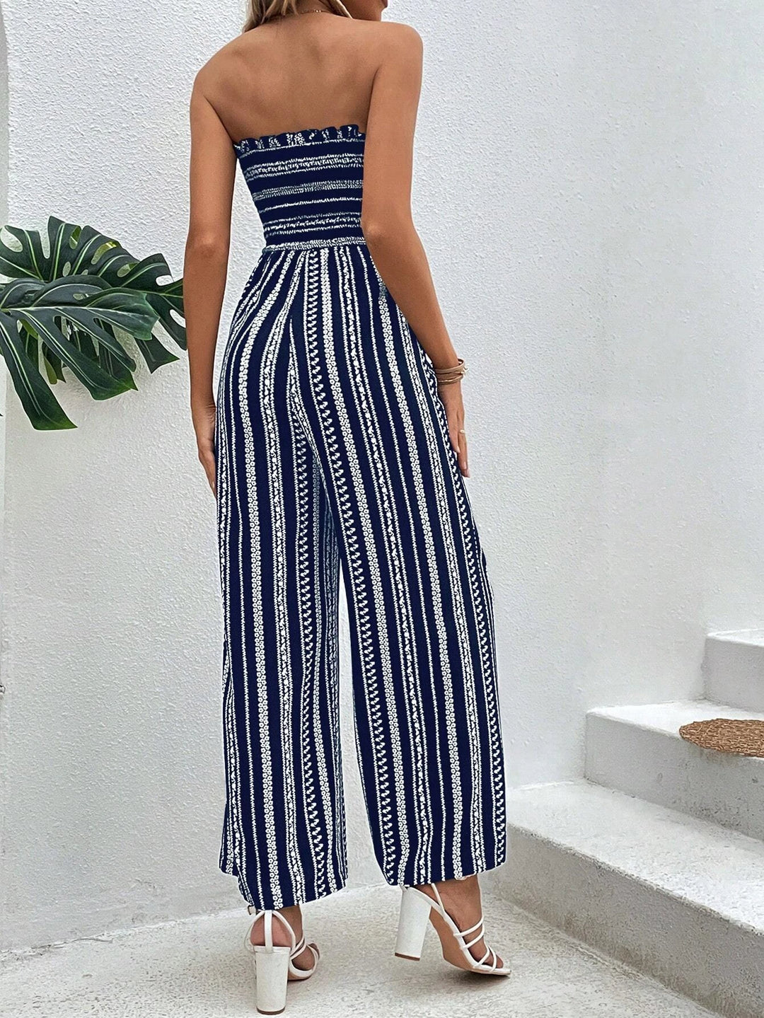 Striped Pattern Shirred Tube Jumpsuit