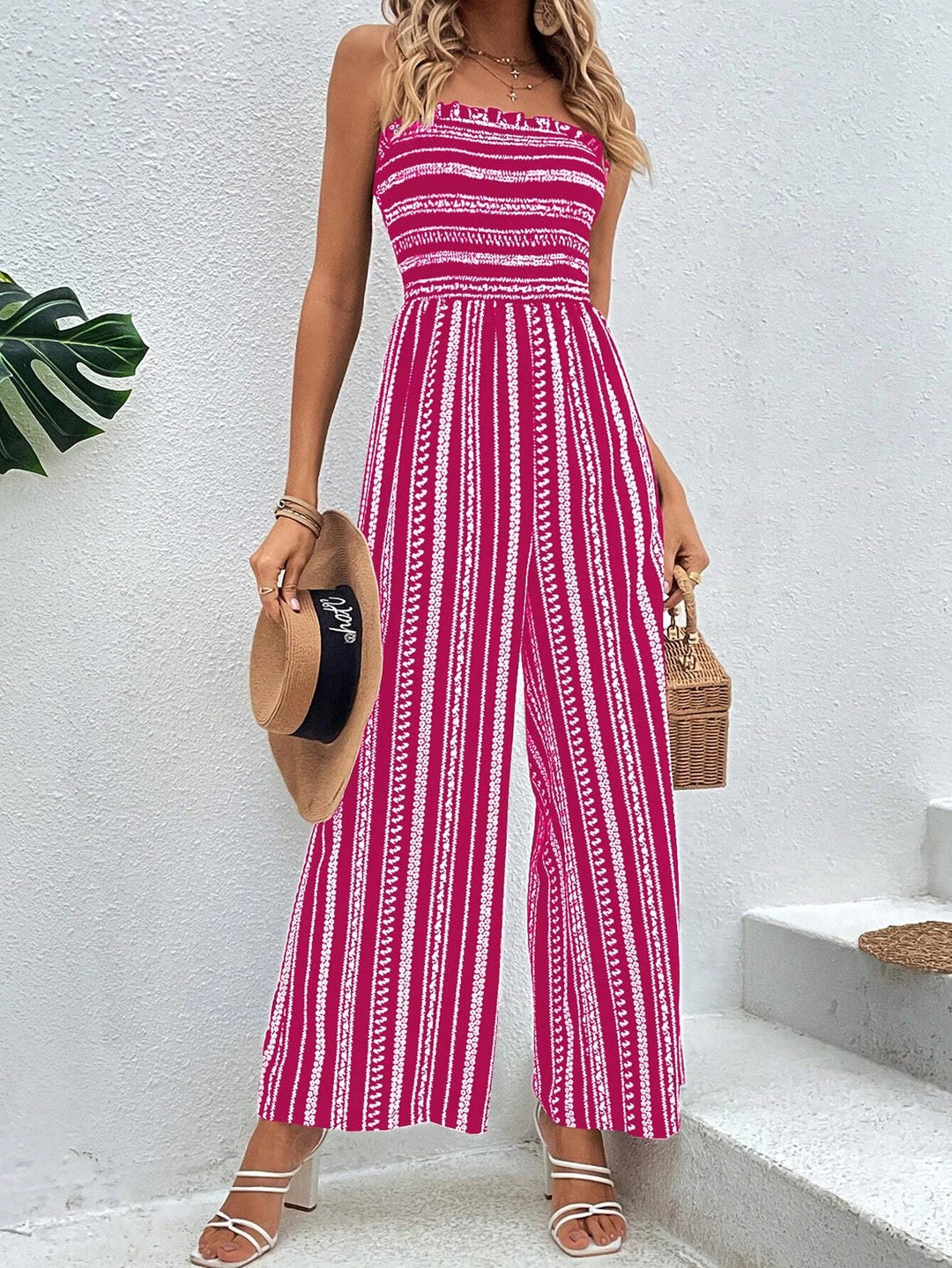 Striped Pattern Shirred Tube Jumpsuit