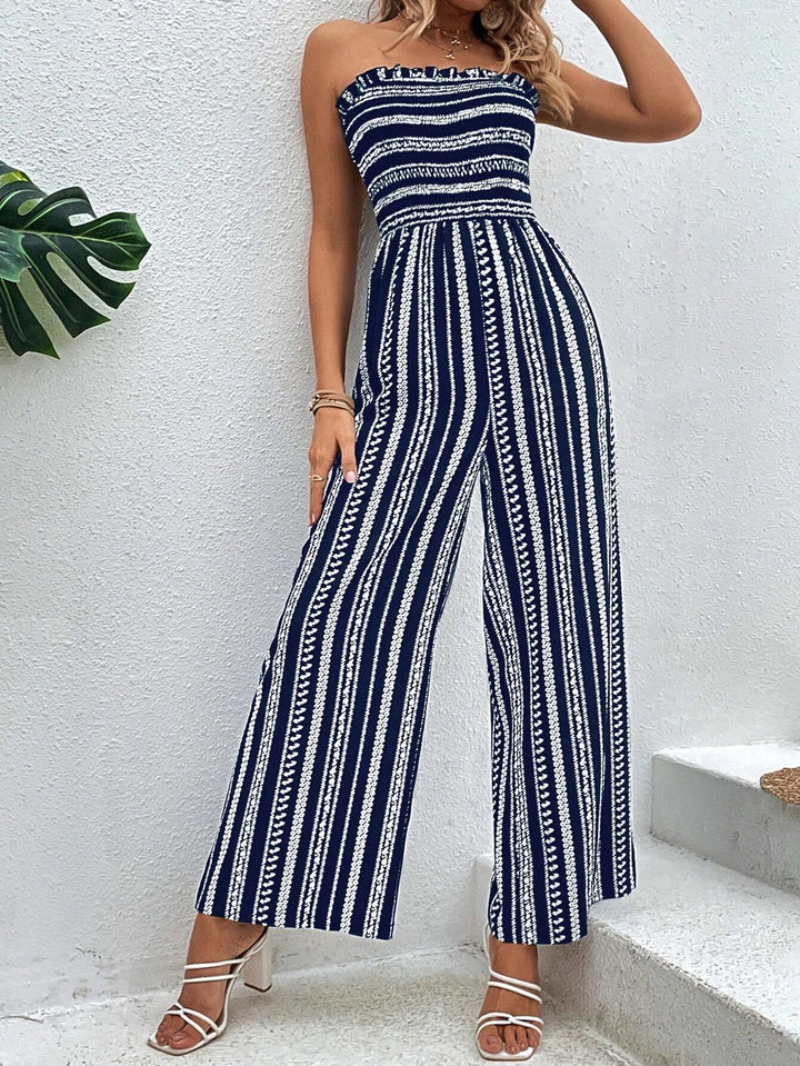 Striped Pattern Shirred Tube Jumpsuit