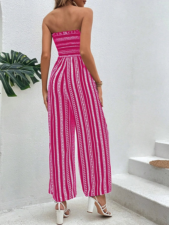 Striped Pattern Shirred Tube Jumpsuit