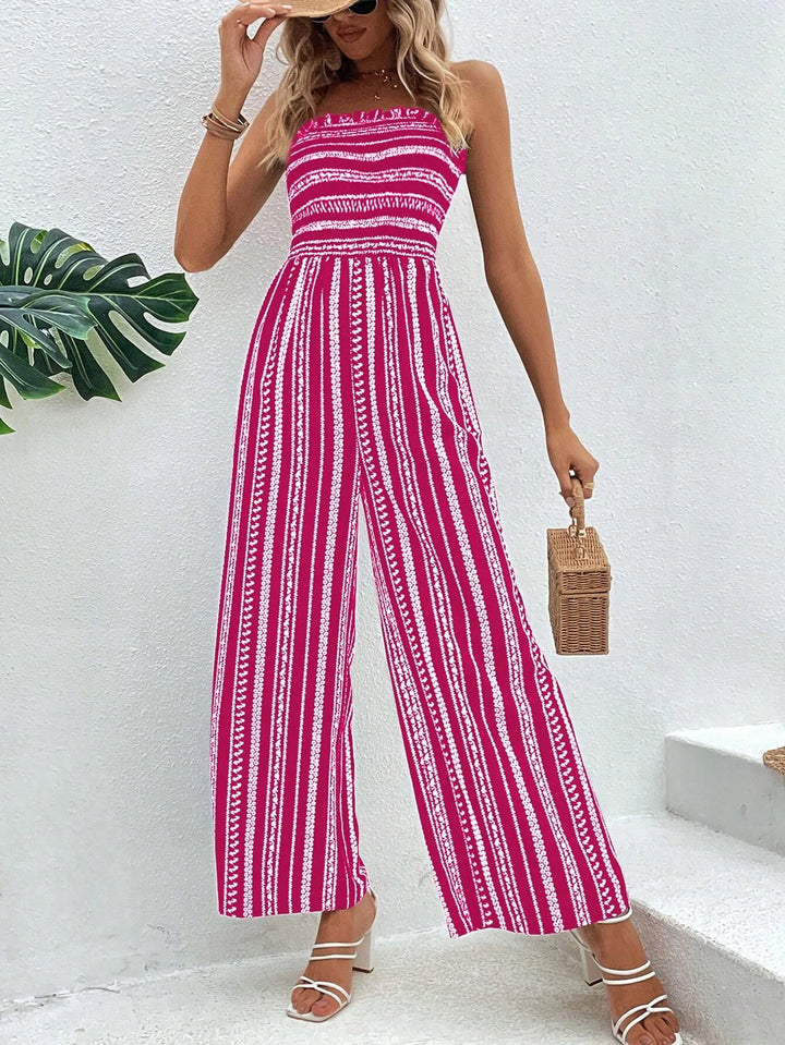 Striped Pattern Shirred Tube Jumpsuit